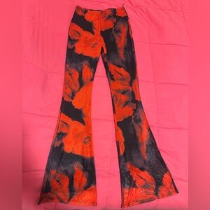 Floral Boot Cut Flare Pants - Red and Black